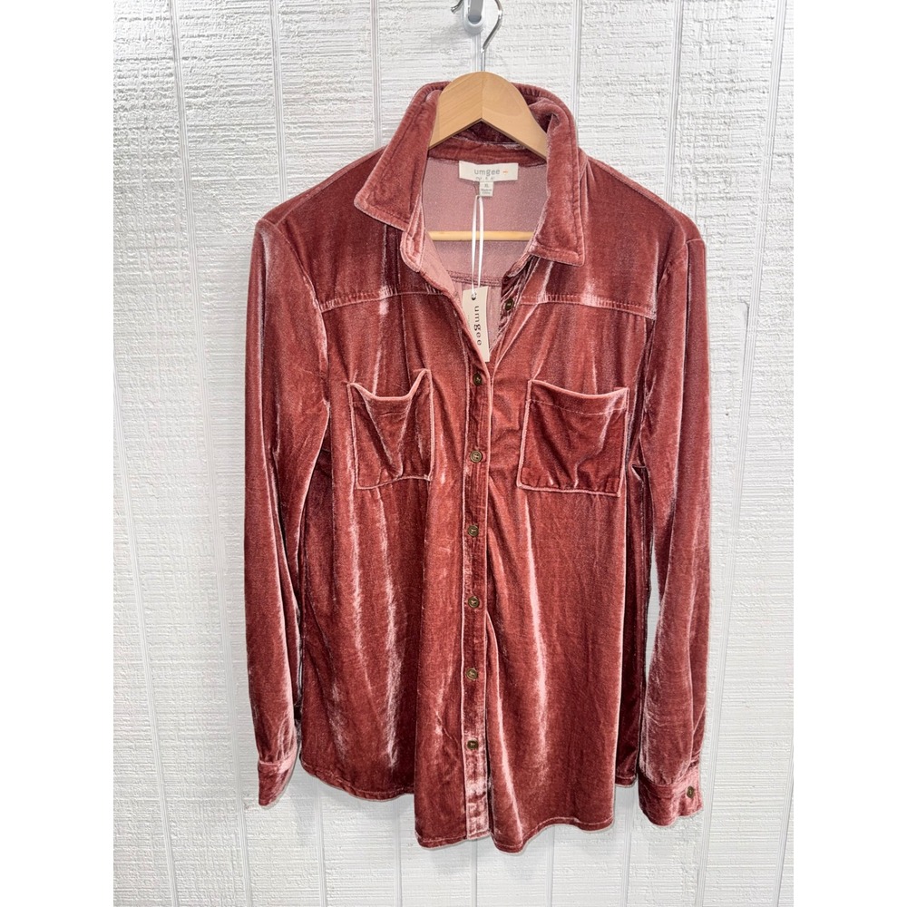 Umgee Button Down Shirt Women XL Dusty Rose Velvet Long Sleeve Pockets NEW